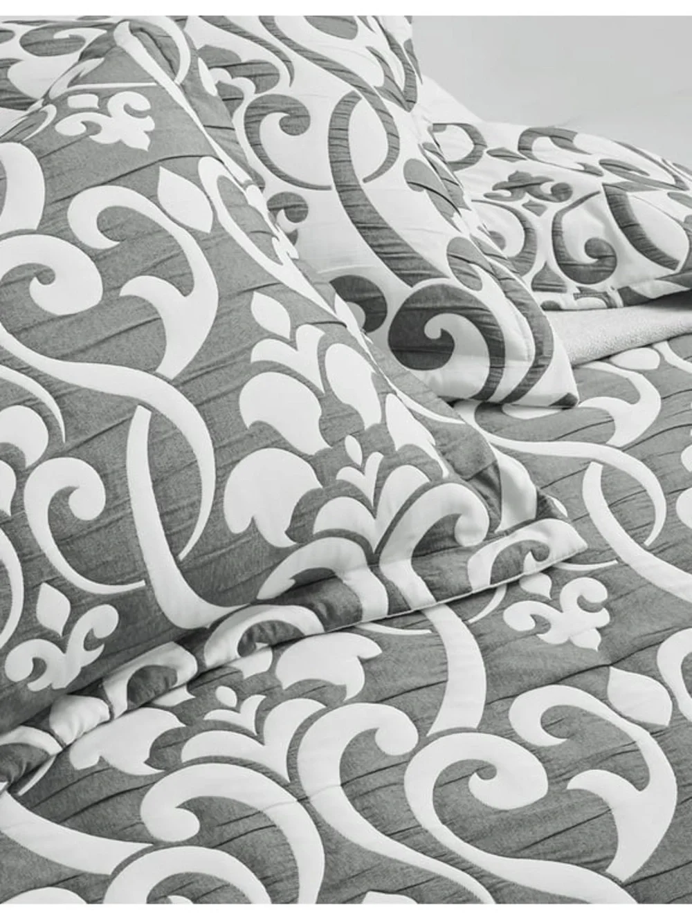 Gray and White Damask oversized king 5 piece quilt Set
